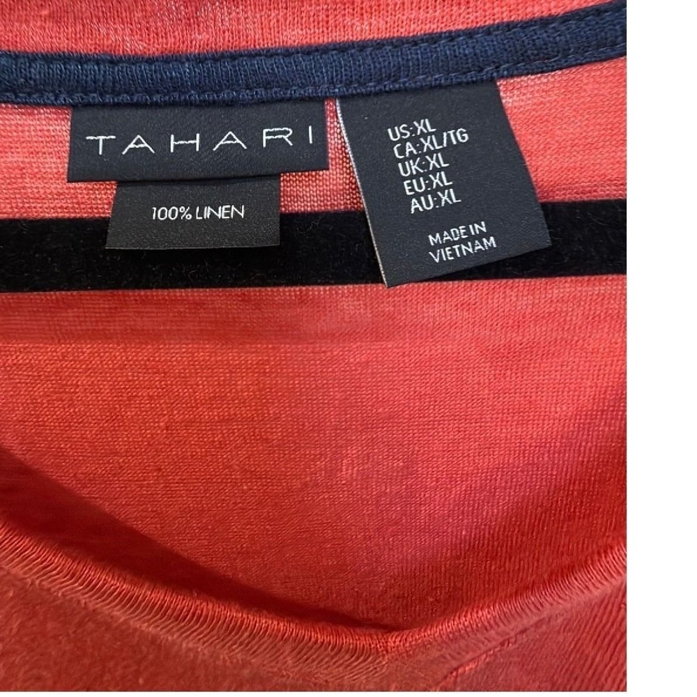 Tahari 100% Linen V Neck Top Women's XL Coral Red Oversized Short Sleeve Blouse - Picture 2 of 4